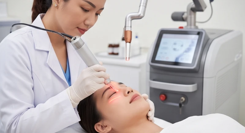 Chuyên viên y tế đang thực hiện chiếu tia laser CO2 để tẩy nốt ruồi an toàn cho khách hàng