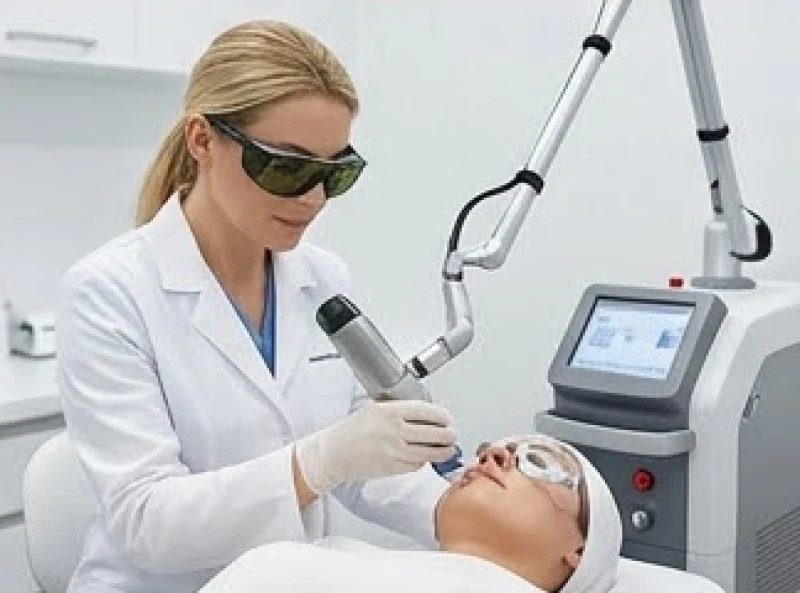 Bác sĩ da liễu đang thao tác máy laser CO2 Fractional để loại bỏ các đốm sắc tố trên da bệnh nhân