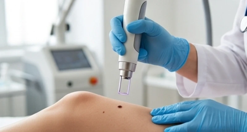 Máy laser thẩm mỹ hiện đại đang được chuẩn bị để tẩy nốt ruồi ở chân cho bệnh nhân tại phòng khám