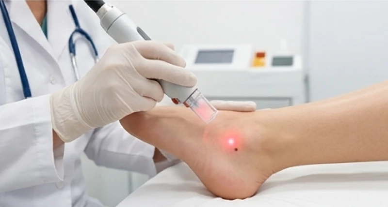 Bác sĩ sử dụng công nghệ tia laser CO2 hiện đại để bóc tách hắc tố tại vùng gót chân