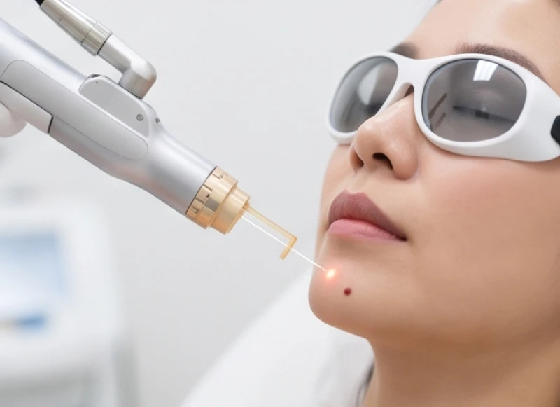 Chuyên gia thực hiện chiếu tia laser vi điểm lên vùng cằm phải