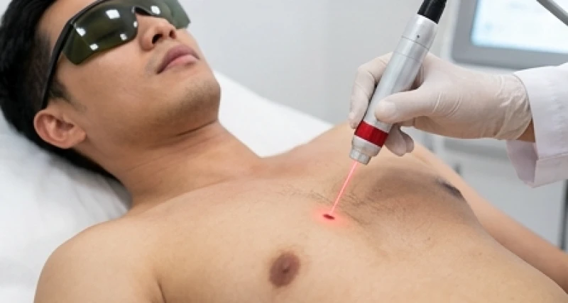 Quá trình bác sĩ dùng tia laser vi điểm bóc tách hắc tố nốt ruồi trên vùng ngực nam giới một cách an toàn