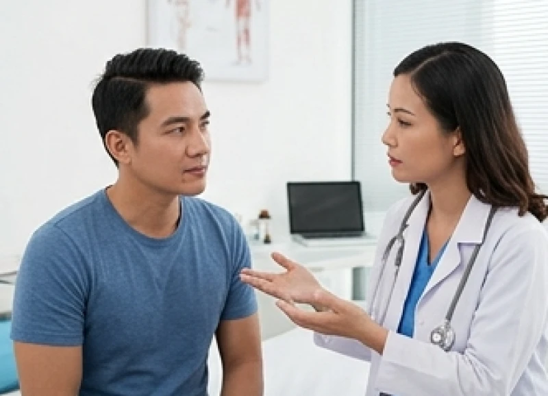 Bác sĩ da liễu đang thăm khám và tư vấn tẩy nốt ruồi an toàn cho bệnh nhân nam