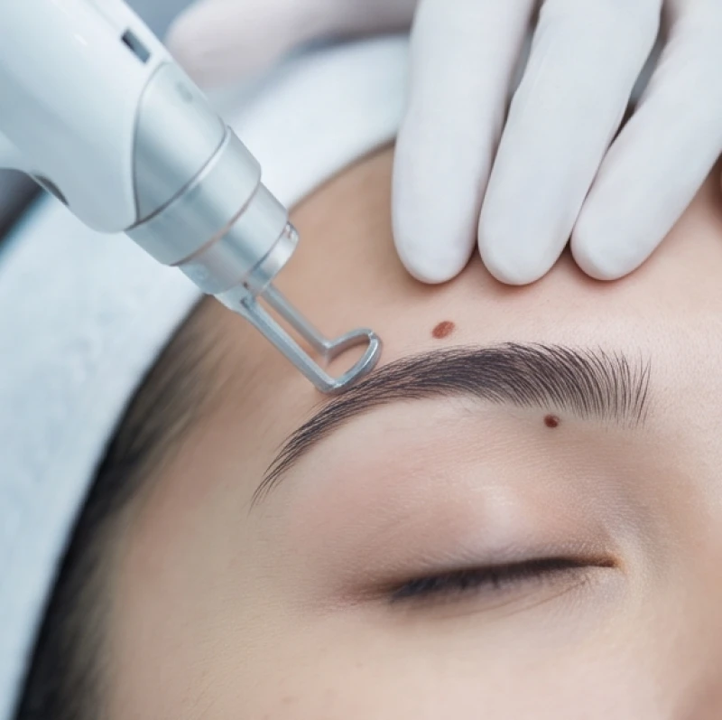 Tia laser công nghệ cao đang được thao tác nhẹ nhàng để xử lý nốt ruồi lồi vùng chân mày
