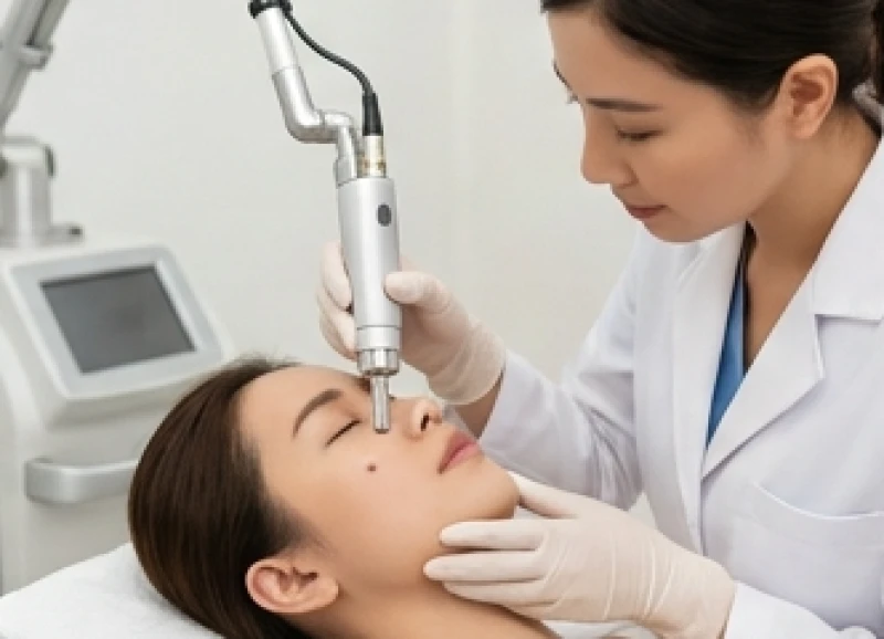 Bác sĩ da liễu đang thao tác thiết bị laser chuyên dụng để điều trị nốt ruồi phẳng trên mặt bệnh nhân