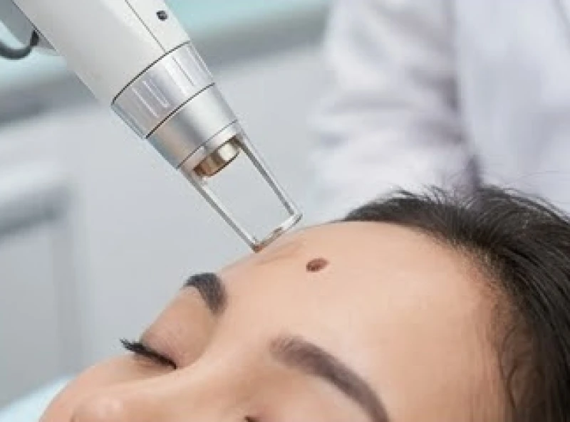 Máy laser vi phân chiếu tia siêu nhỏ lên vùng da có nốt ruồi bên phải trán
