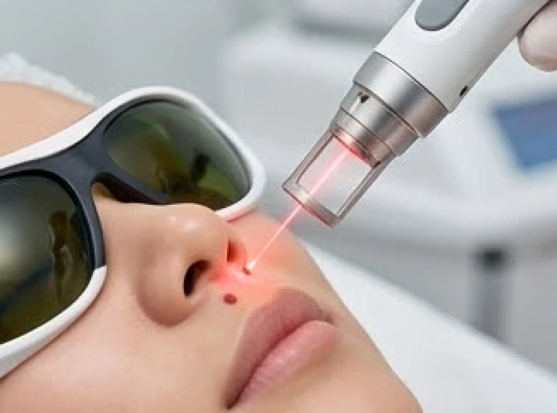 Quá trình chiếu tia laser siêu vi điểm để loại bỏ nốt ruồi nông trên bề mặt da mí mắt