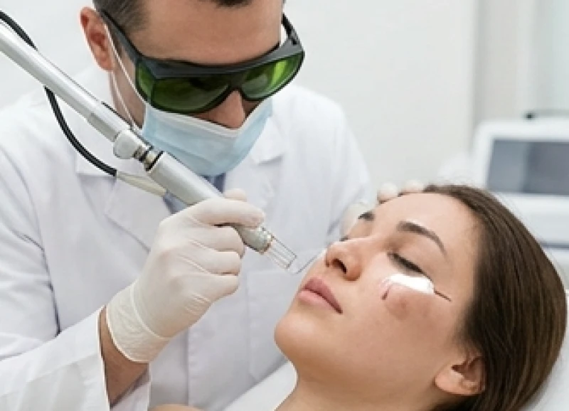 Bác sĩ thẩm mỹ đang thao tác máy Laser CO2 vi phân để loại bỏ nhẹ nhàng nốt ruồi trên vùng gò má