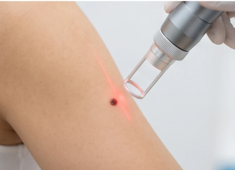 Bác sĩ thực hiện chiếu tia Laser CO2 Fractional để tẩy nốt ruồi ở bắp tay