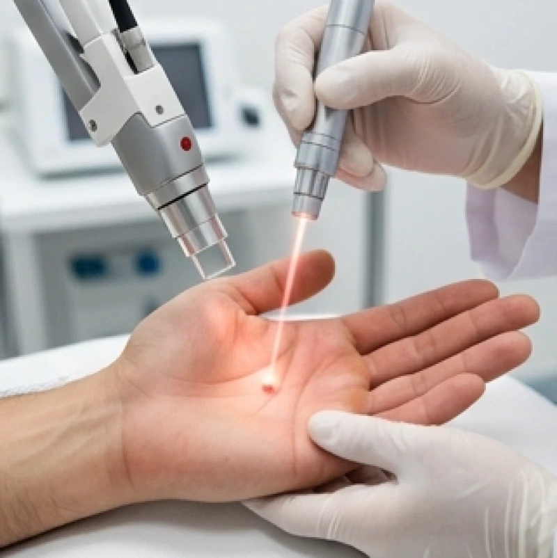 Bác sĩ sử dụng công nghệ tia laser vi điểm để xử lý an toàn nốt ruồi trên tay bệnh nhân