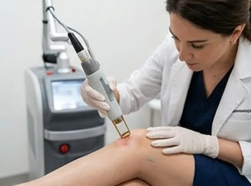 Bác sĩ da liễu đang thao tác máy laser y tế để xử lý nốt ruồi trên da vùng gối