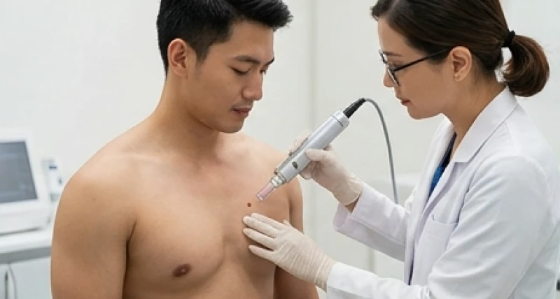 Bác sĩ da liễu đang sử dụng máy laser vi điểm để xử lý nốt ruồi lồi trên ngực bệnh nhân nam