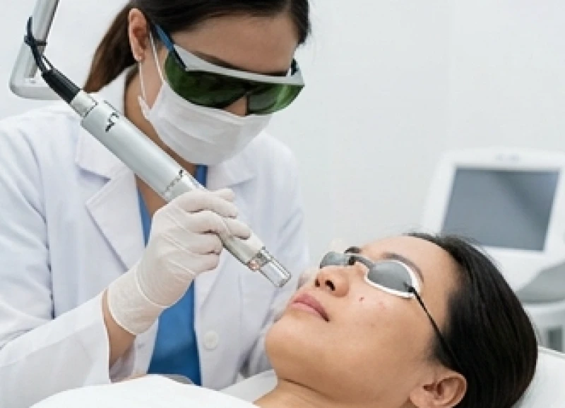 Quá trình chiếu tia laser CO2 vi điểm để bốc bay lớp tế bào hắc tố của nốt ruồi thịt