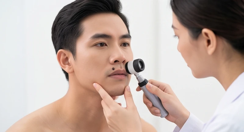 Bác sĩ da liễu đang soi da và tư vấn thẩm mỹ nốt ruồi lồi ở viền môi trên cho bệnh nhân nam