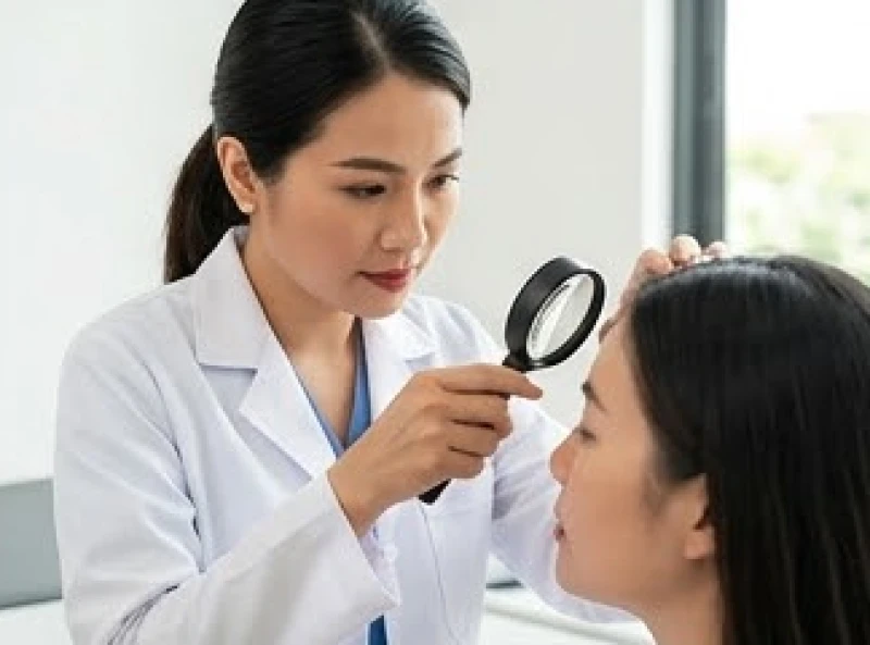 Bác sĩ da liễu đang thăm khám vùng trán có nốt ruồi to để tư vấn phương pháp xóa bỏ