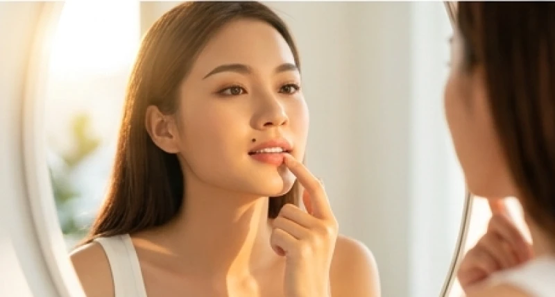 Phụ nữ tự tin ngắm nhìn khuôn mặt rạng rỡ của mình trong gương sau khi cân nhắc các yếu tố thẩm mỹ