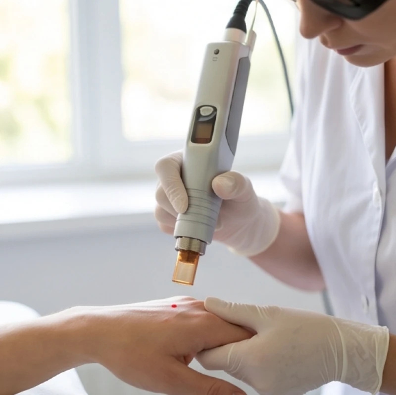 Bác sĩ da liễu đang sử dụng máy Laser CO2 để loại bỏ u mạch máu nhỏ trên da tay bệnh nhân