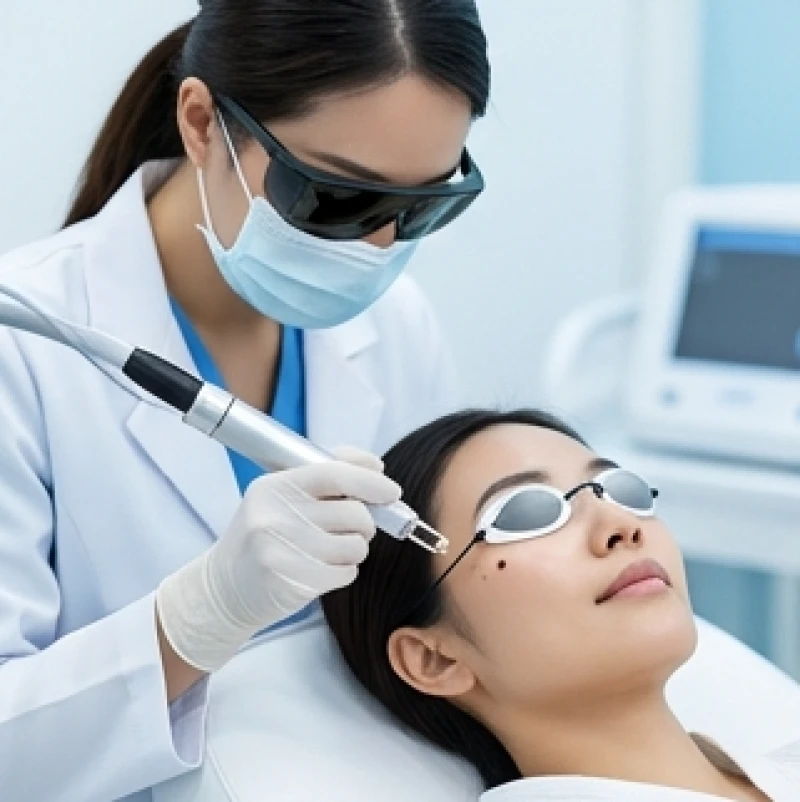Bác sĩ da liễu đang thực hiện chiếu tia laser CO2 để tẩy nốt ruồi ở vùng thái dương cho khách hàng