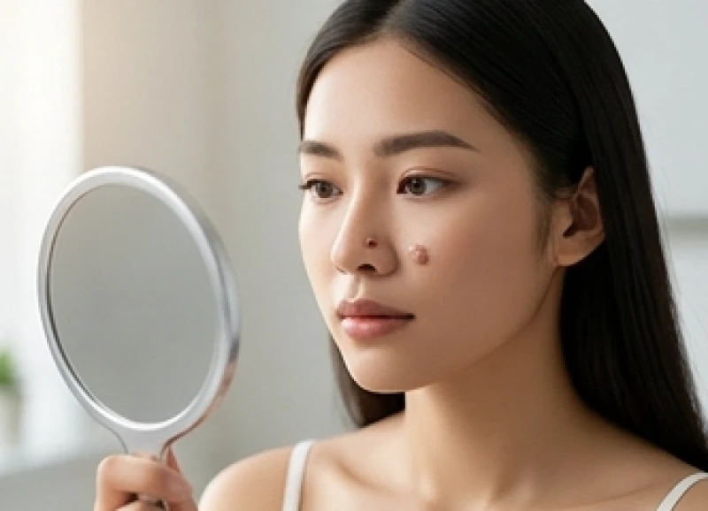 Nốt ruồi ở cánh mũi: Ý nghĩa tướng số & bảng giá tẩy an toàn 7 Người phụ nữ cầm gương nhỏ kiểm tra tình trạng nốt ruồi nổi cộm ở cánh mũi