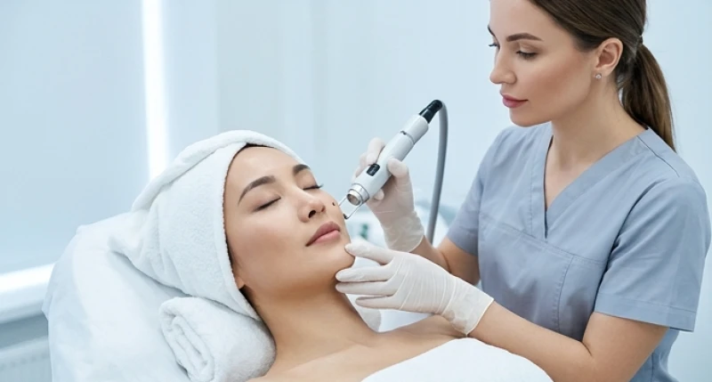 Phụ nữ đang được chuyên viên chăm sóc da tư vấn vị trí và phương pháp tẩy nốt ruồi bằng laser an toàn
