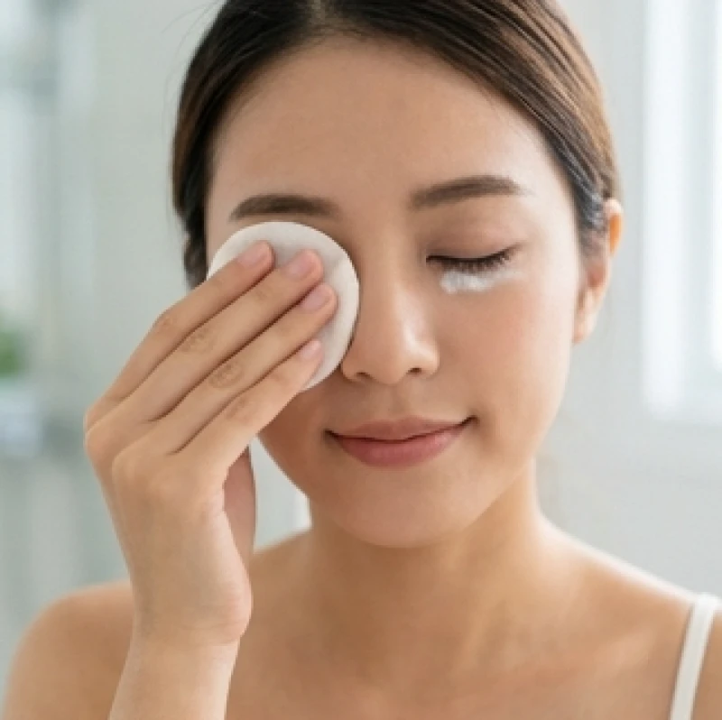 Áp nhẹ miếng bông tẩy trang chứa dầu chuyên dụng lên bầu mắt đang nhắm hờ