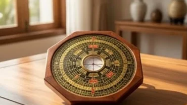 La bàn phong thủy chỉ hướng Tây tứ trạch đặt trên mặt bàn gỗ trong ngôi nhà truyền thống