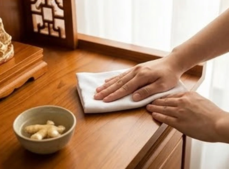 Đôi tay nhẹ nhàng dùng khăn sạch và nước gừng tịnh hóa mặt bàn trước khi an vị linh vật kích hoạt tài lộc tuổi dần