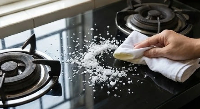Rắc muối biển nguyên hạt và lau bề mặt bếp bằng rượu trắng để xua tan mùi khét