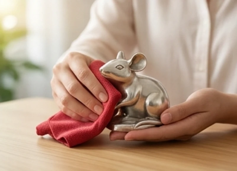 Người thực hiện dùng khăn đỏ mềm mại lau chùi cẩn thận bề mặt tượng chuột để loại bỏ tạp khí