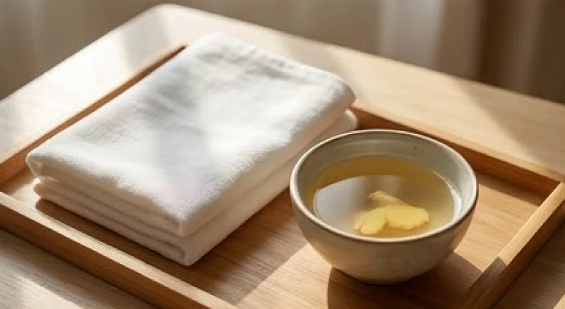 Khăn mềm sạch và hỗn hợp rượu gừng dùng để lau chùi tẩy uế vật phẩm chiêu tài