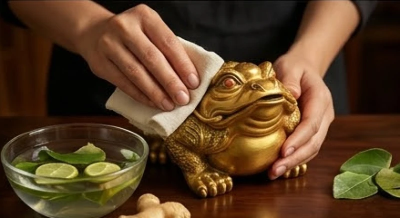 Linh vật phong thủy tuổi Hợi: kích thước và cách khai quang 7 Dùng chiếc khăn vải mềm lau sạch bức tượng thiềm thừ mạ vàng bằng nước ngũ vị hương thảo mộc
