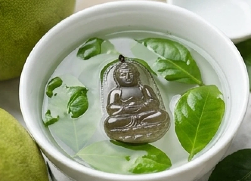 Ngâm rửa mặt dây chuyền Phật bằng đá tự nhiên trong bát sứ chứa nước lá bưởi tươi