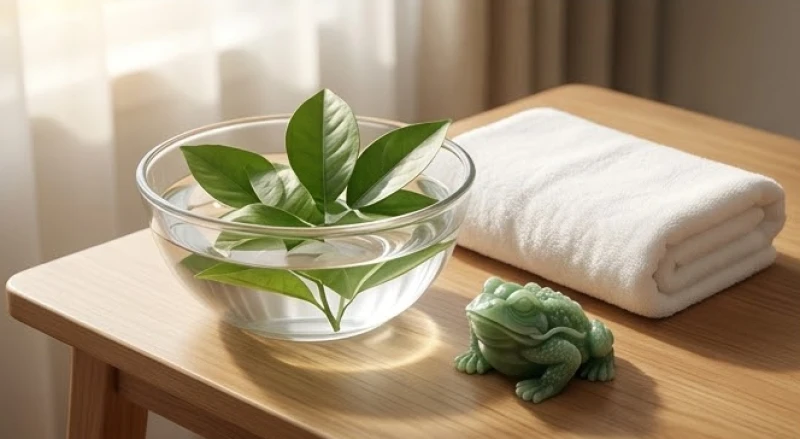 Khăn bông mềm, sạch cùng bát nước tươi mát từ lá bưởi dùng để thanh tẩy tượng thiềm thừ