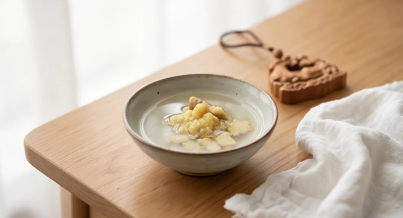 Chén rượu trắng pha gừng tươi và chiếc khăn mềm dùng để lau rửa thanh tẩy vật phẩm phong thủy