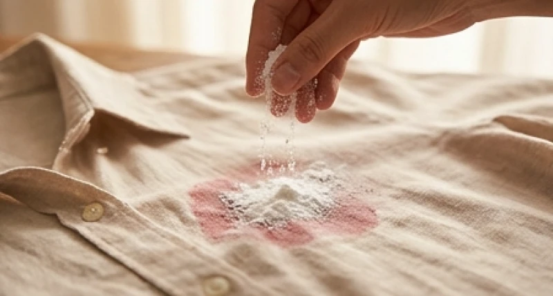 Bột baking soda trắng được rắc lên vết rượu vang đỏ dính trên sợi vải để thấm hút và làm sạch