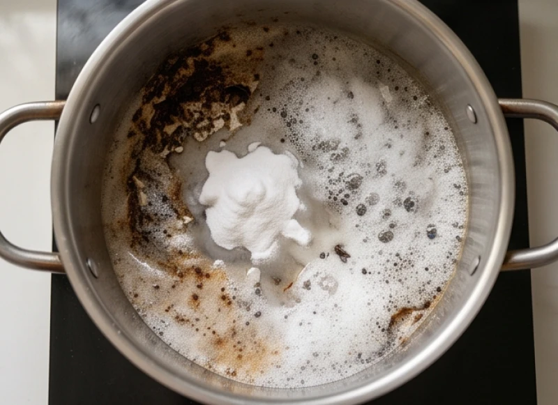Hỗn hợp sủi bọt từ baking soda và giấm trắng giúp bóc tách mảng bám đen dưới đáy nồi
