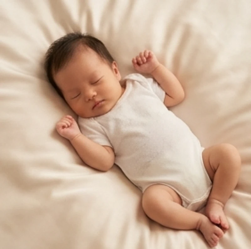 Bé gái sơ sinh đang ngủ say sưa với nụ cười chúm chím thể hiện sự bình yên và thư thái đúng như tên An Nhiên