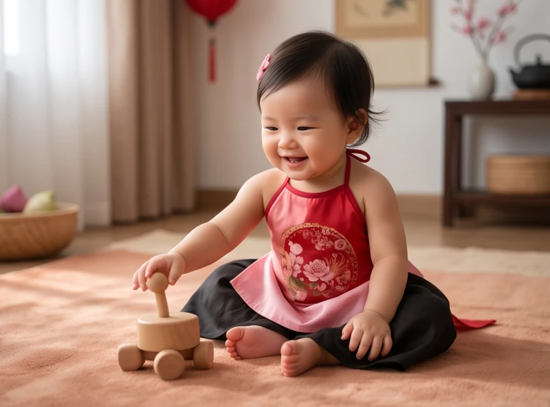 Bé gái mặc áo yếm lụa truyền thống màu đỏ hồng đang vui đùa rạng rỡ trong phòng