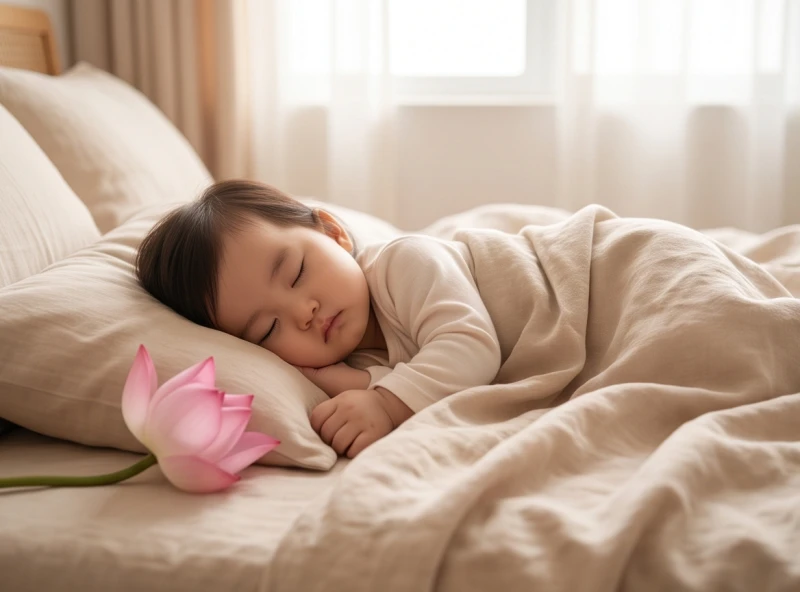 Bé gái xinh xắn đang ngủ say sưa trên giường ấm áp bên cạnh một cành hoa sen hồng