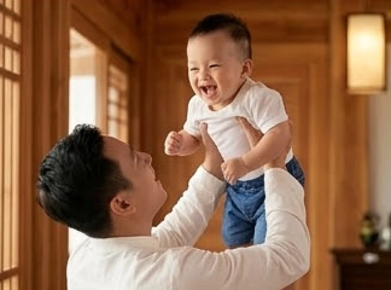 Bé trai vui vẻ chơi đùa cùng bố toát lên vẻ khỏe mạnh và dũng khí kiên cường