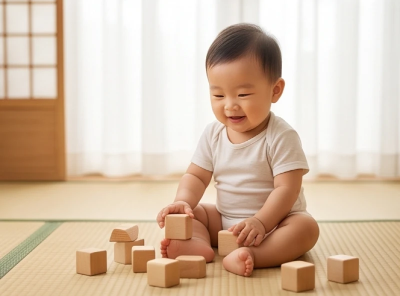 Bé trai kháu khỉnh đang ngồi chơi ngoan ngoãn với các khối gỗ xếp hình trên sàn