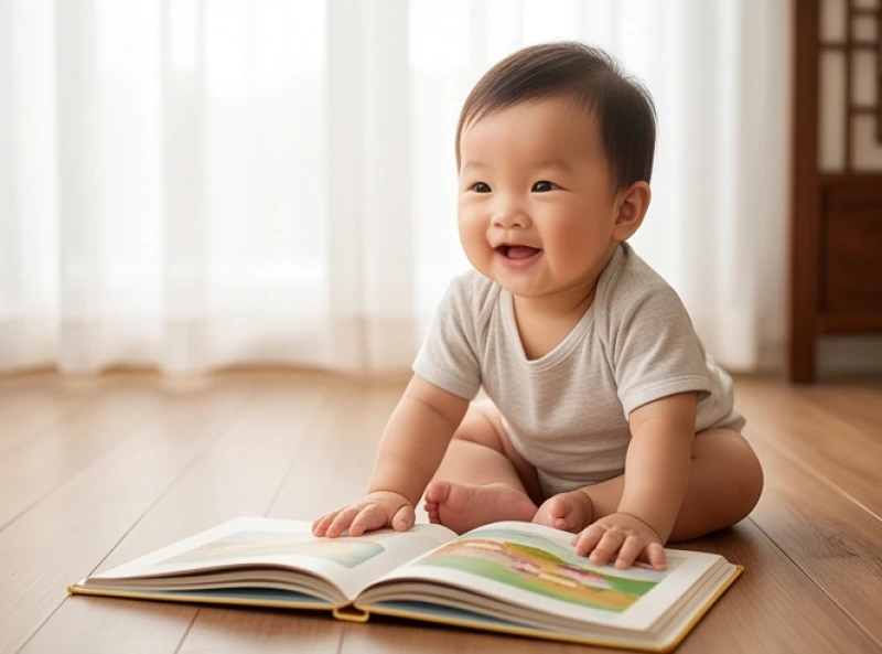 Bé trai đang mỉm cười lanh lợi và hào hứng lật mở một cuốn sách tranh đầy màu sắc