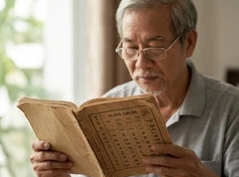 Người ông trầm ngâm đọc cuốn lịch vạn niên cũ để rà soát kỹ lưỡng tên đại kỵ