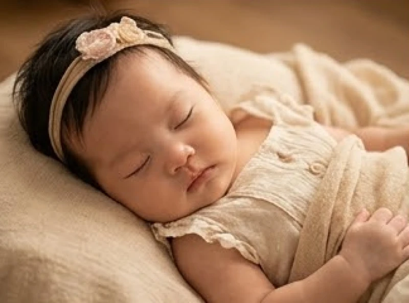 Bé gái với vẻ đẹp thanh tú, mặc chiếc váy nhỏ mềm mại đang nằm yên bình trong vòng tay yêu thương của mẹ