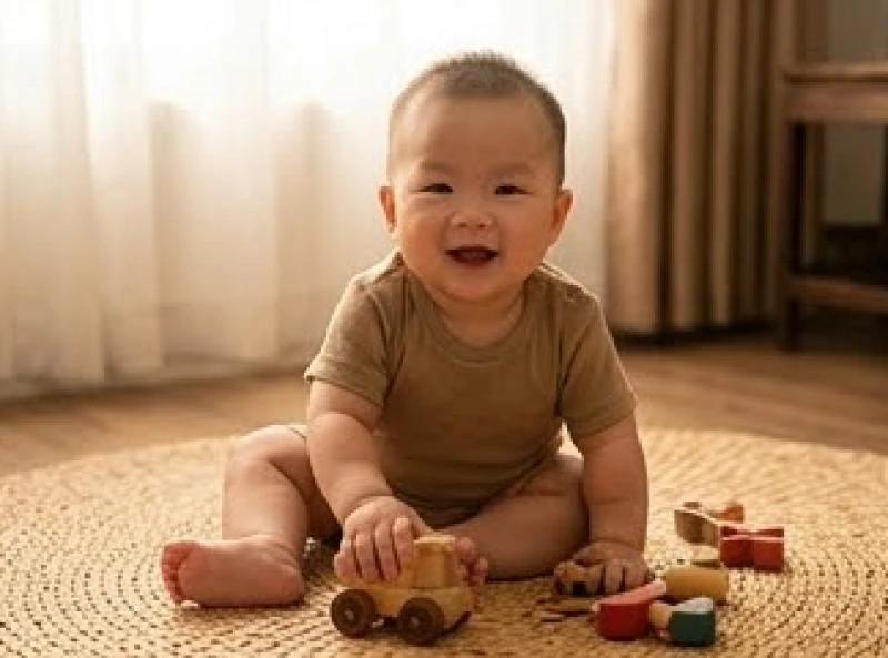Bé trai khỏe mạnh và lanh lợi đang mỉm cười vui vẻ khi chơi đùa cùng những món đồ chơi gỗ truyền thống