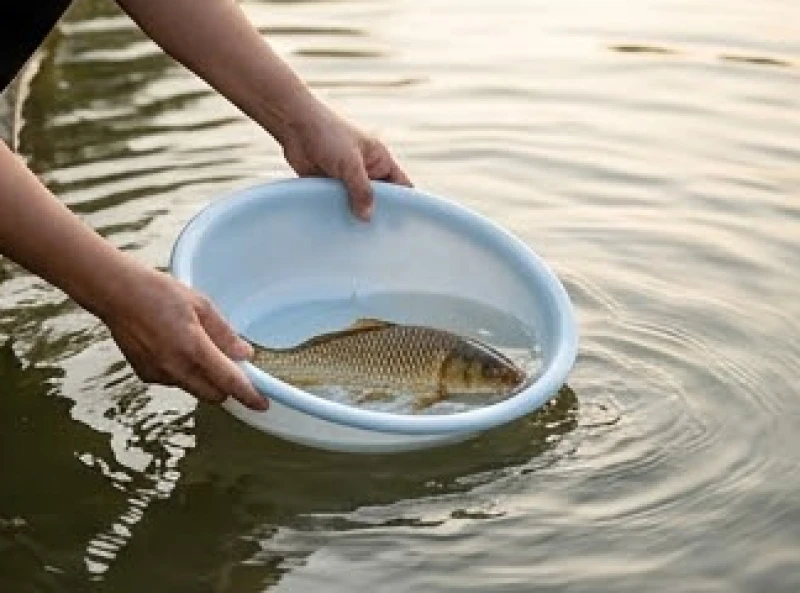 Đôi bàn tay nhẹ nhàng nghiêng chậu nước sát mặt sông để chú cá chép từ từ bơi ra dòng nước lớn