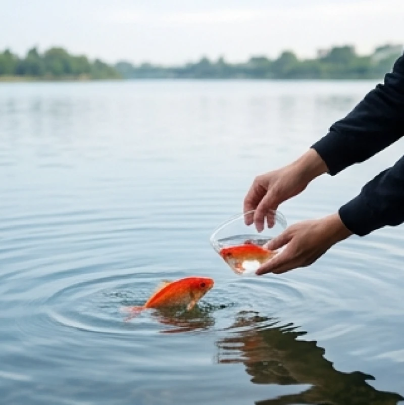 Bàn tay hạ sát mặt nước hồ rộng để nhẹ nhàng thả cá chép đỏ bơi ra ngoài tự nhiên