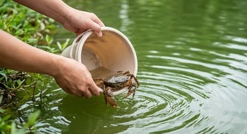 Hành động thả nhẹ nhàng một con cua sống từ xô nhựa xuống khu vực mép nước của một ao tự nhiên