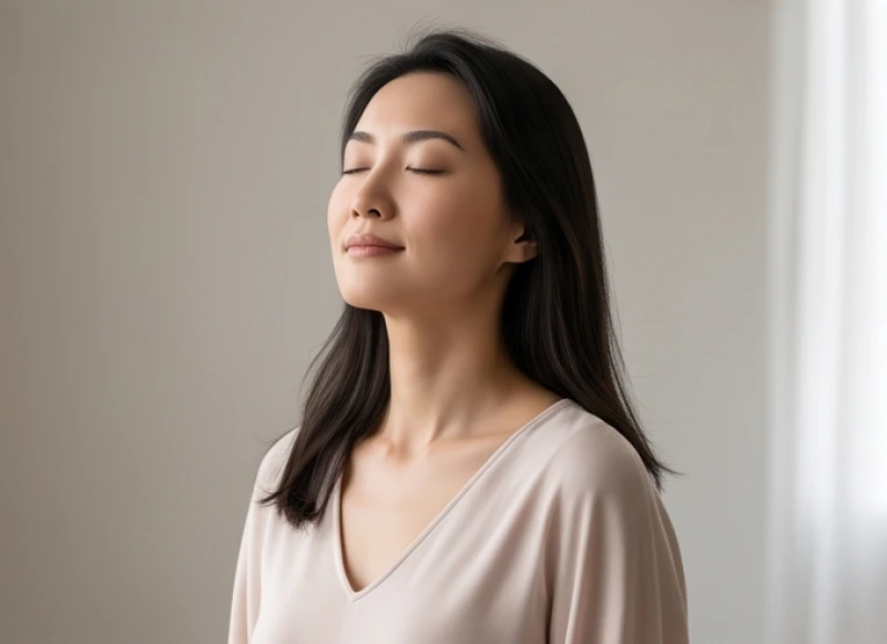 Người phụ nữ tự tin mỉm cười với bờ vai được thả lỏng tự nhiên thư thái