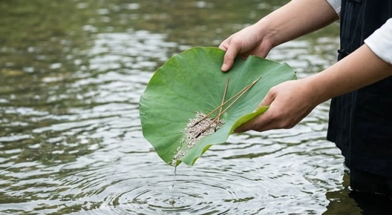 Gói lá sen chứa tro bát hương và chân nhang cũ được mang ra rải cẩn thận xuống dòng nước chảy